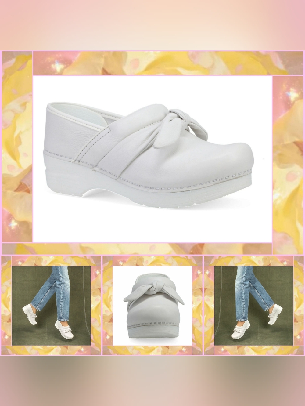 Dansko Pro Bow Clogs White Nappa Soft Leather Spring Prairie Cottage Gypsy ♡